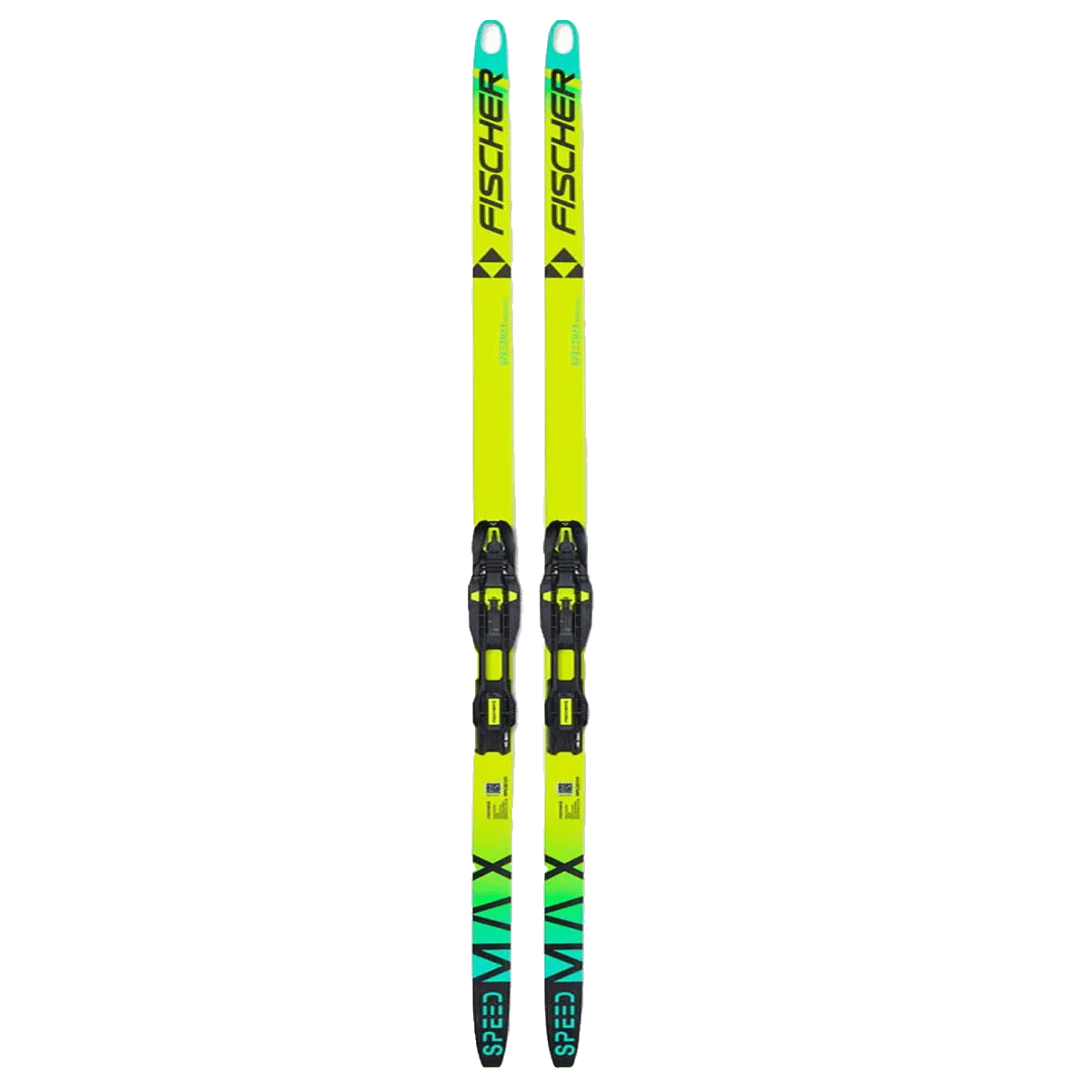 Pair of yellow and black Fischer skis on a white background
