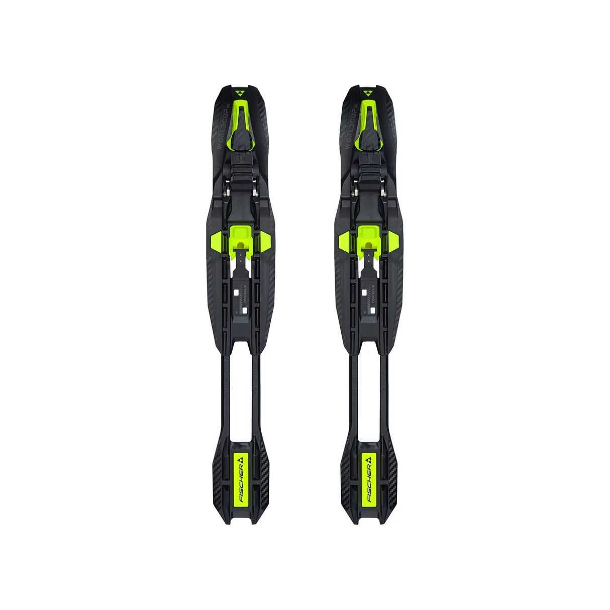 Pair of black ski bindings with green accents on a white background