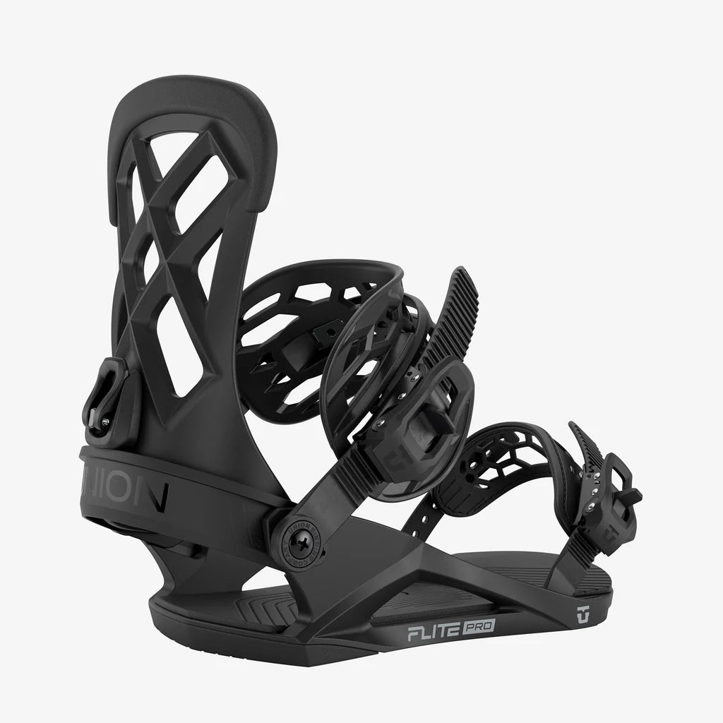 Black snowboard binding on a white background