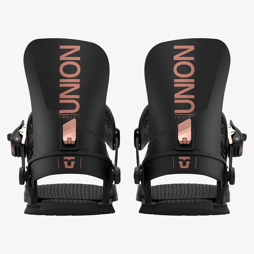 Pair of black Union snowboard bindings on a white background
