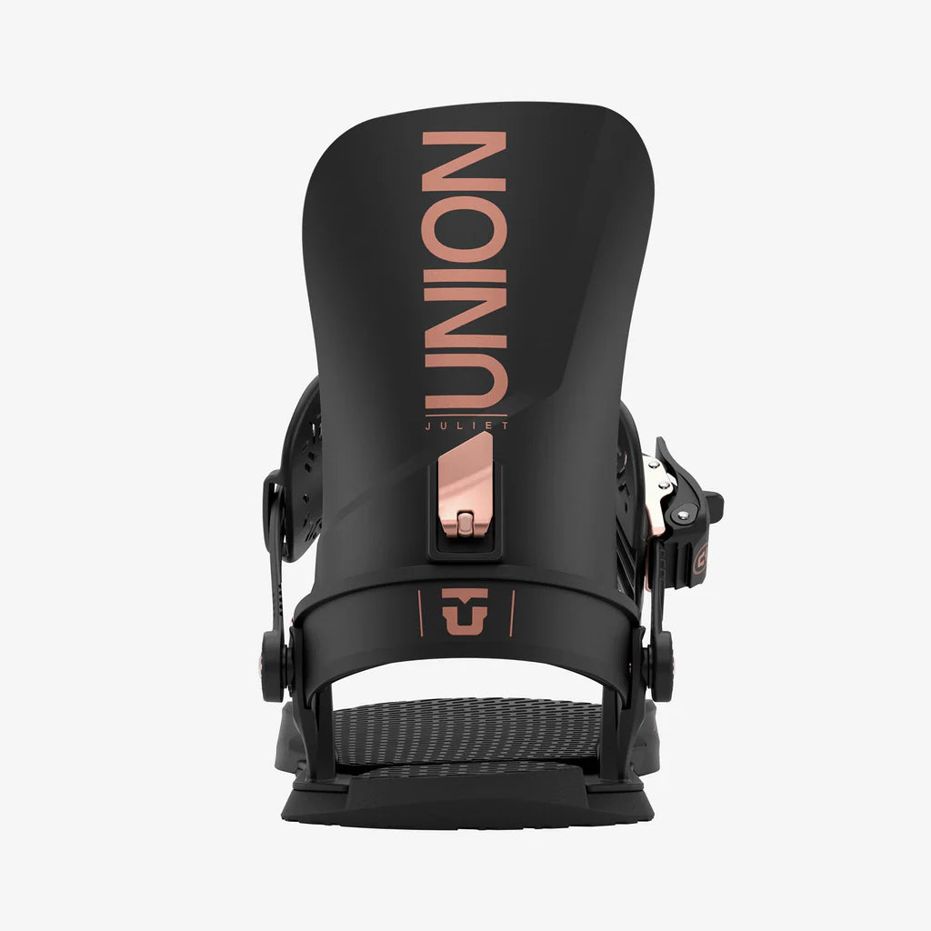 Black snowboard binding with 'Union' branding on a white background