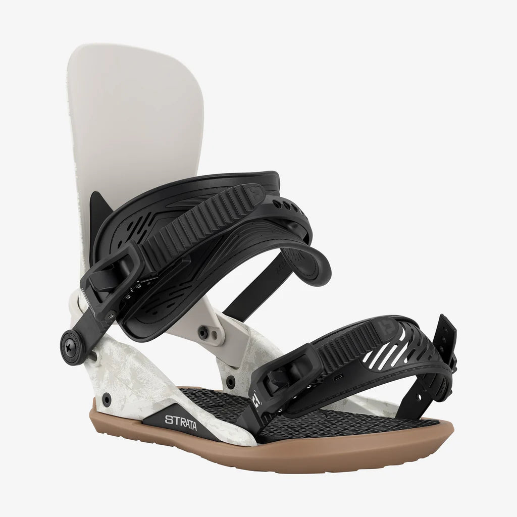 Black and white snowboard binding with brown sole on a white background