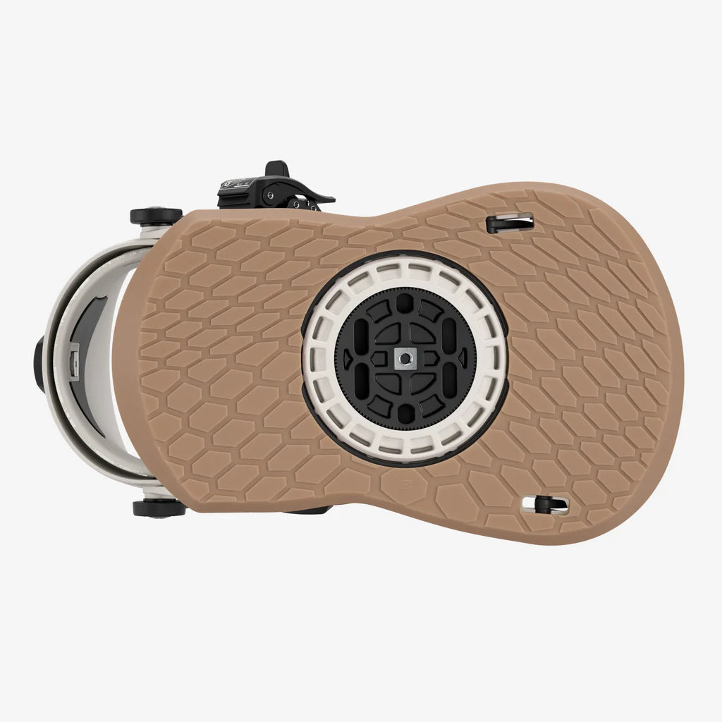 Brown textured device with circular component on a white background