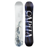 Two views of a snowboard with a brand logo on a white background