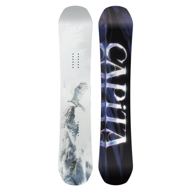 Two views of a snowboard with a brand logo on a white background