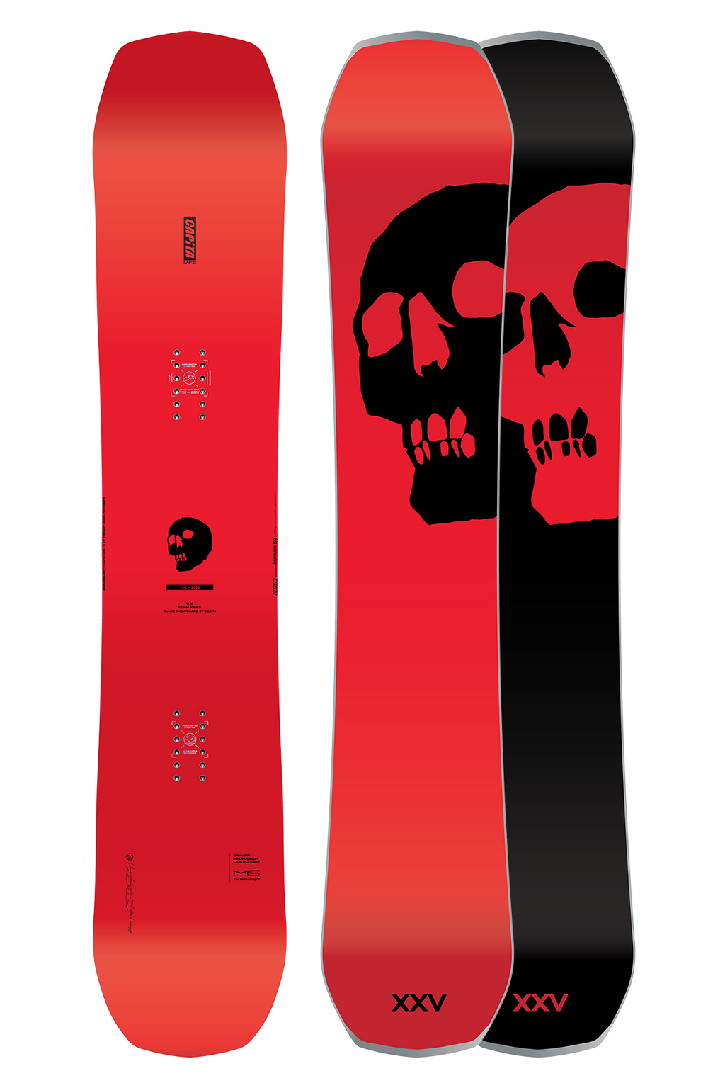 Red and black snowboard with skull design on a white background