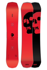 Red and black snowboard with skull design on a white background