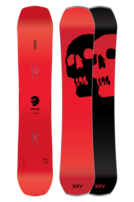 Red and black snowboard with skull design on a white background