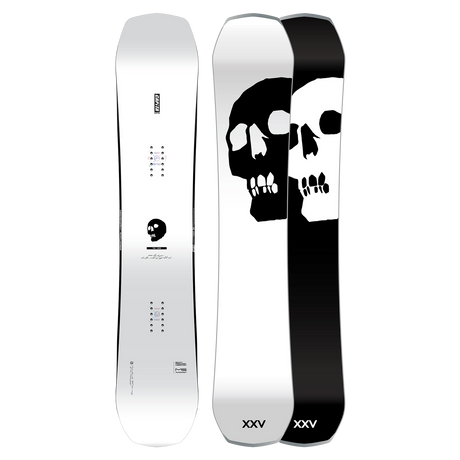 Snowboard with skull design on a white background