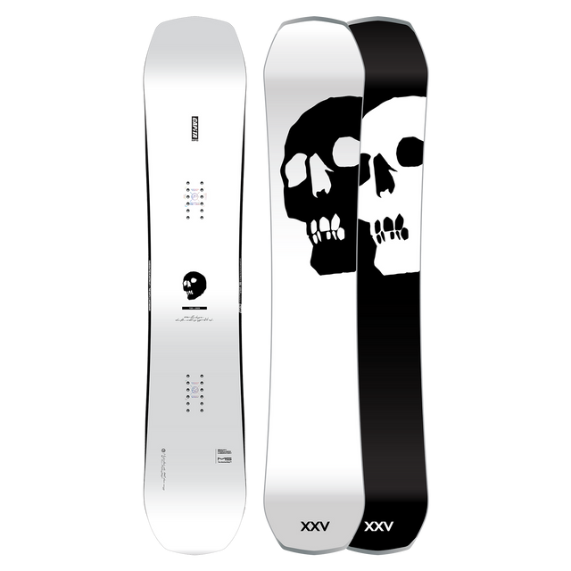 Snowboard with skull design on a white background