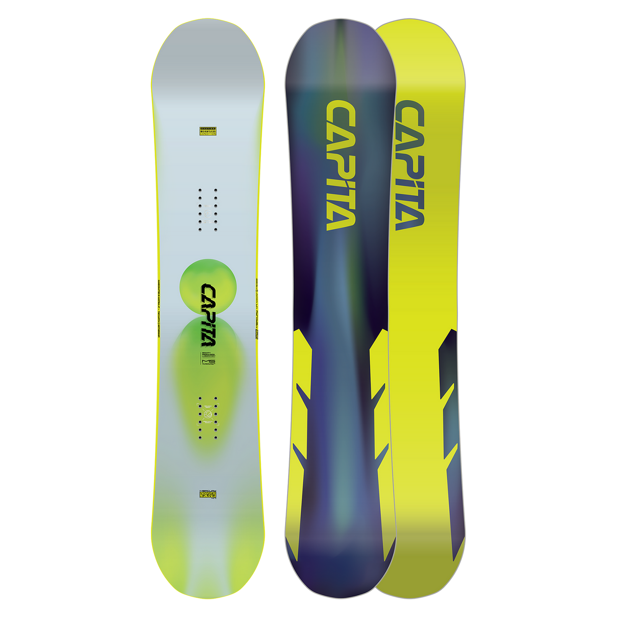 Two CAPiTA snowboards, one with a white and green design and the other with a blue and yellow design, on a white background.