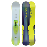 Two CAPiTA snowboards, one with a white and green design and the other with a blue and yellow design, on a white background.