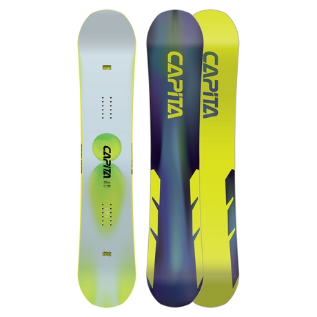 Two CAPiTA snowboards, one with a white and green design and the other with a blue and yellow design, on a white background.