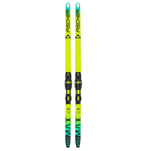 Pair of yellow and black Fischer skis on a white background