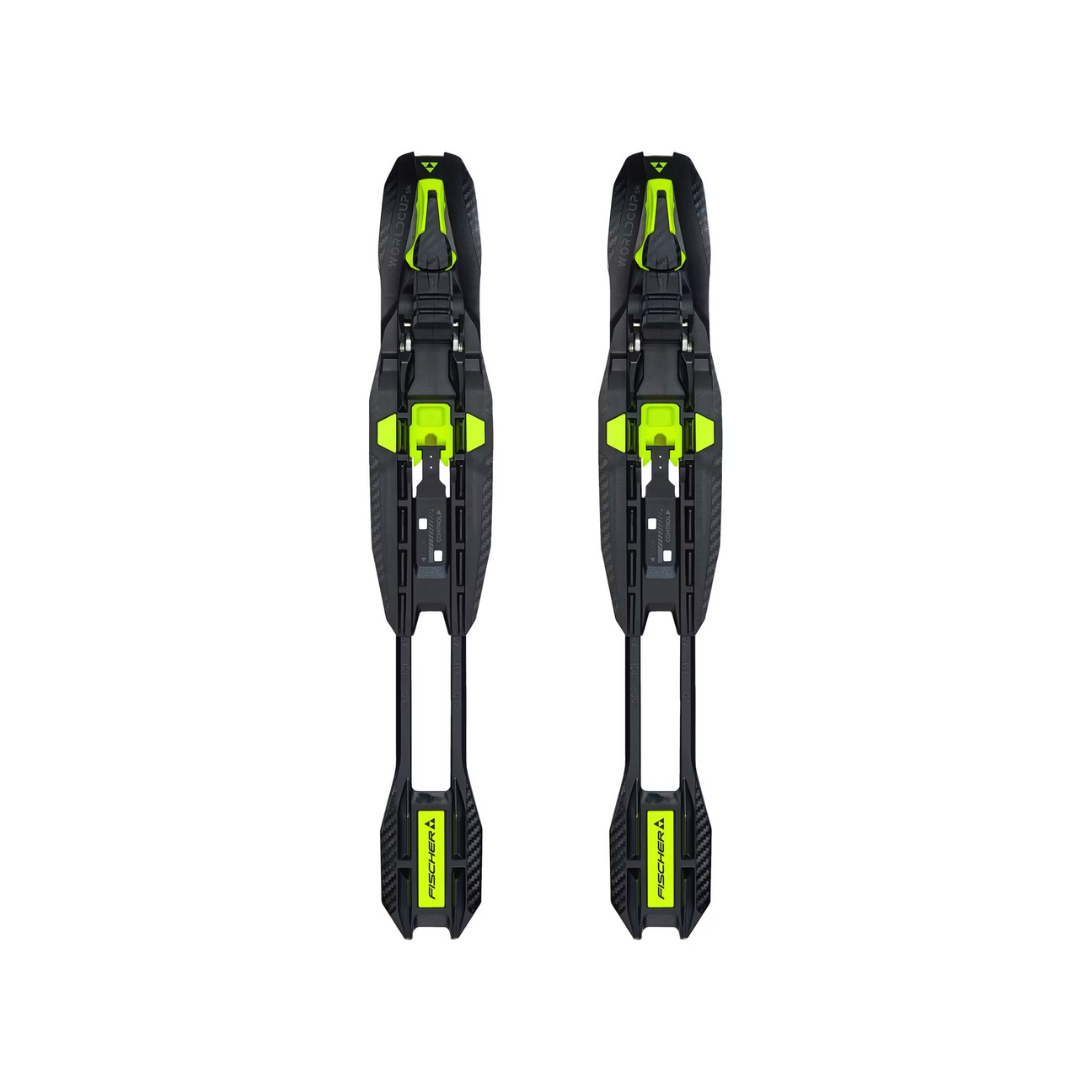 Pair of black ski bindings with green accents on a white background