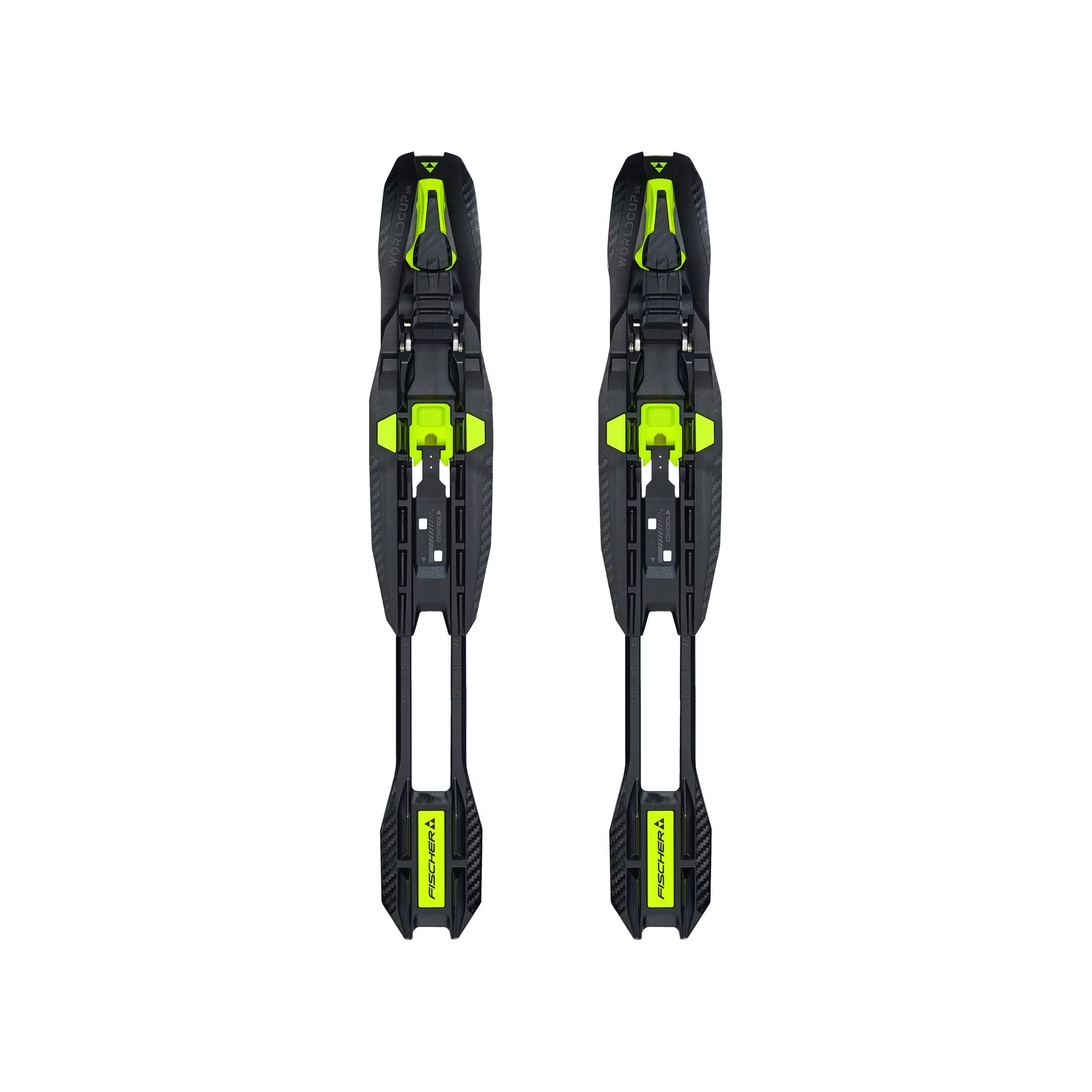 Pair of black ski bindings with green accents on a white background