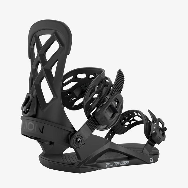 Black snowboard binding on a white background