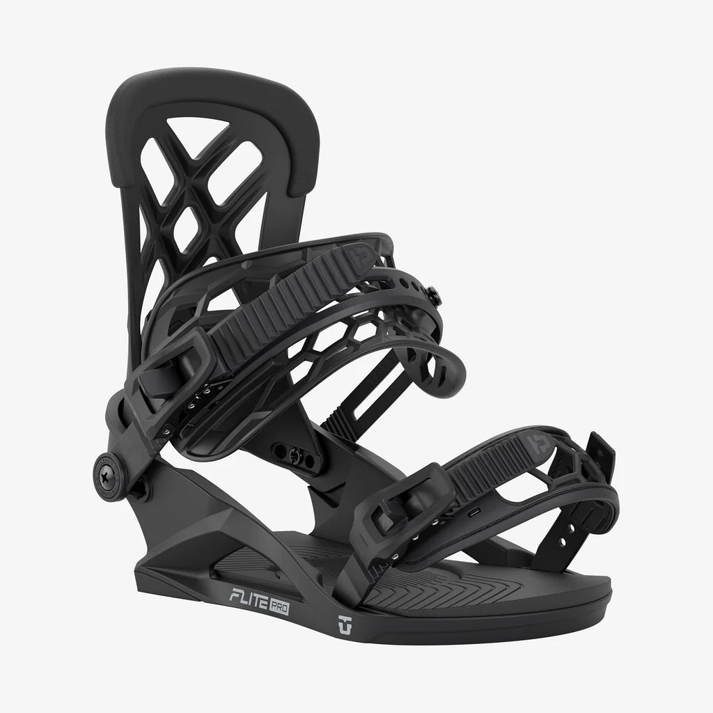Black Union Flite snowboard binding on a white background