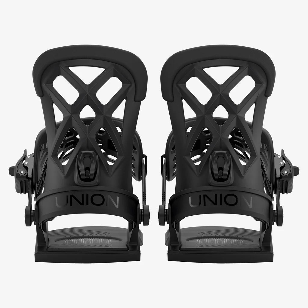 Pair of black Union Flite snowboard bindings on a white background
