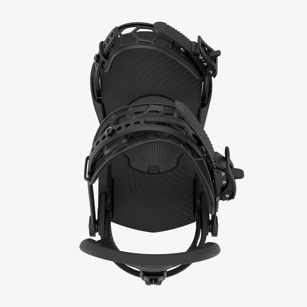 Black snowboard bindings on a white background