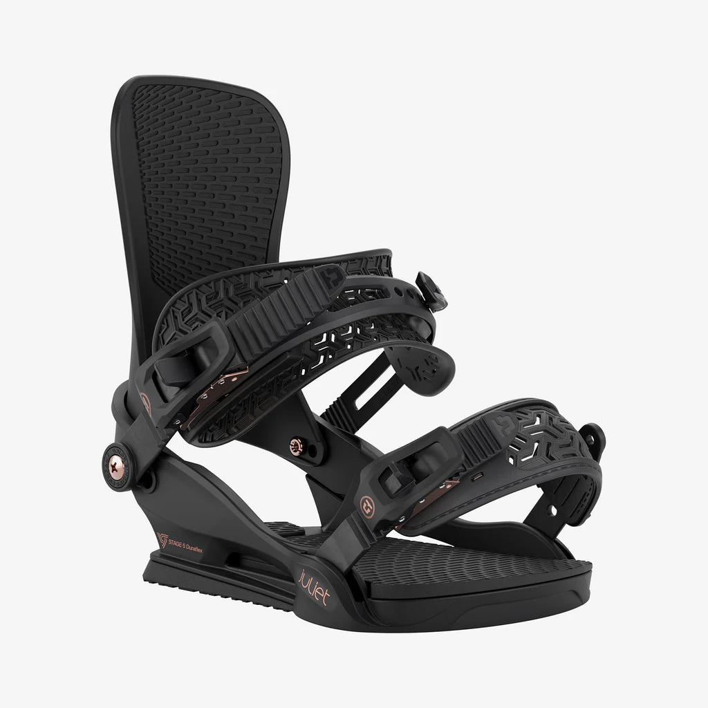 Black snowboard binding on a white background