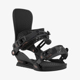 Black snowboard binding on a white background