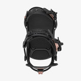 Black snowboard binding on a white background