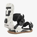 White and black snowboard binding with 'Union' branding on a white background