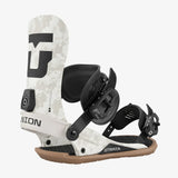 White and black snowboard binding with 'Union' branding on a white background