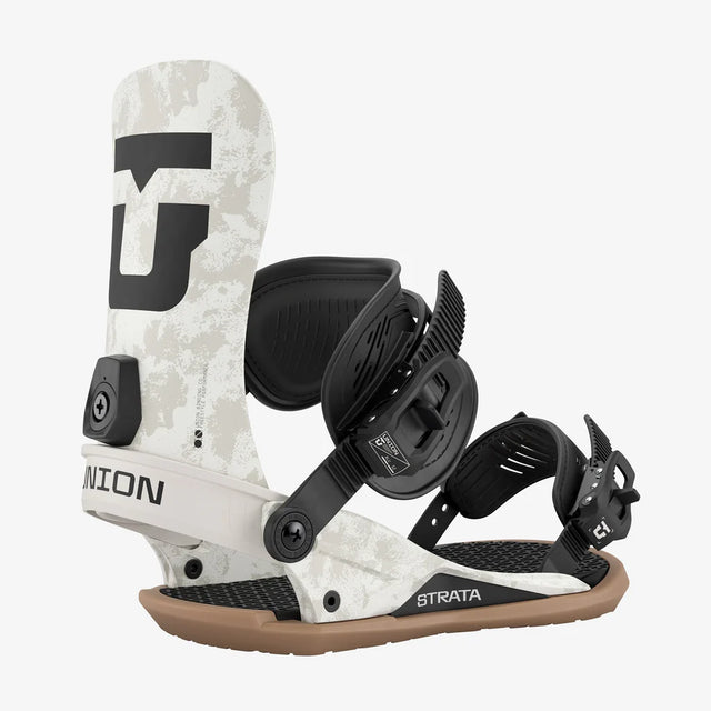 White and black snowboard binding with 'Union' branding on a white background